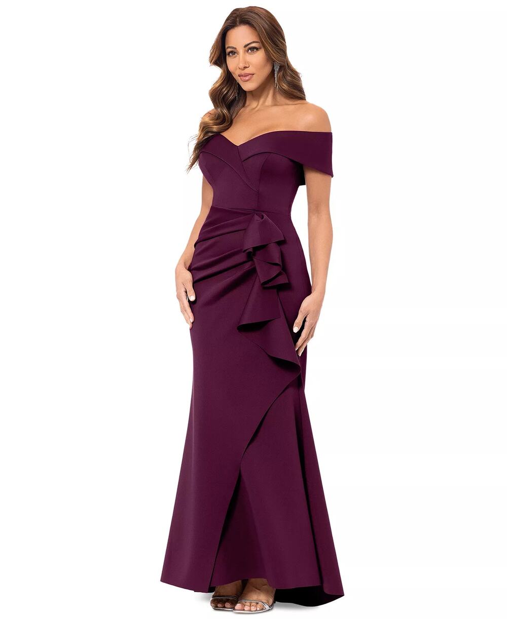 XSCAPE Scuba Off-The-Shoulder Gown Wine Size 10 NWT $279.00